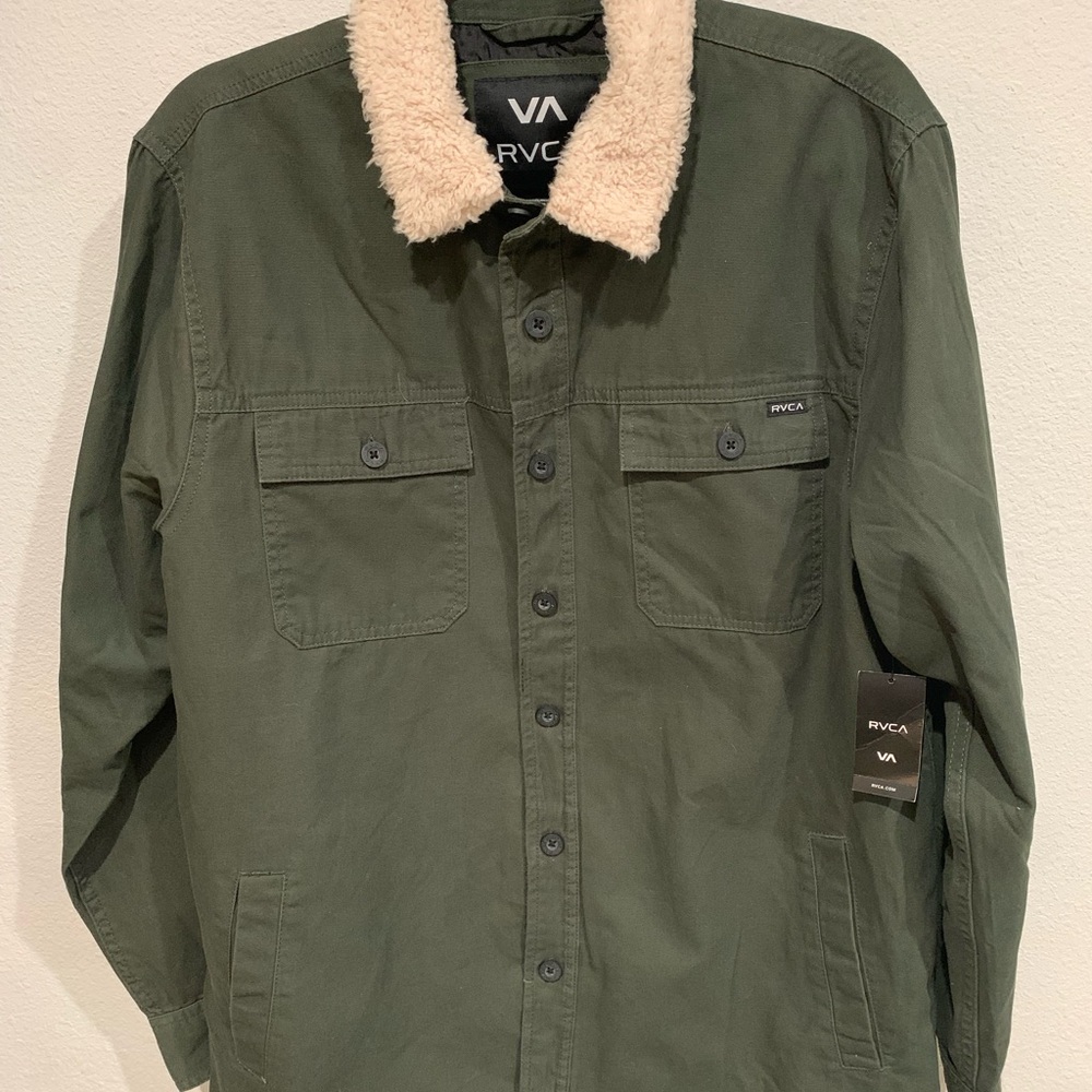 NWT Men’s RVCA Olive Green Range Shirt Jacket Shacket Utility Sherpa Collar, M